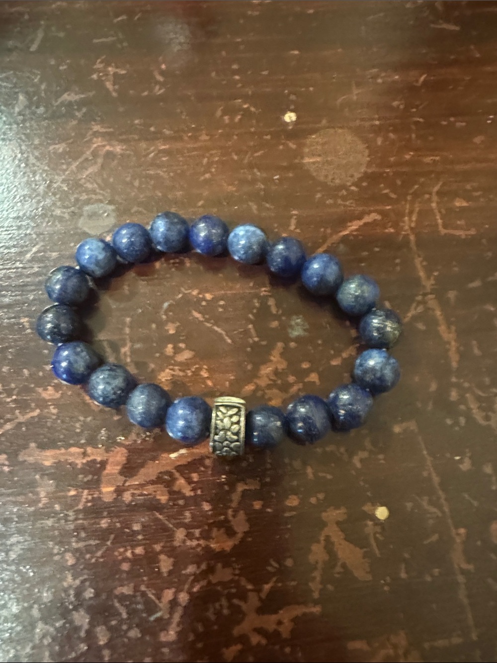 Blue Lapis Beaded Stretch Bracelet with Decorative Silver Accent